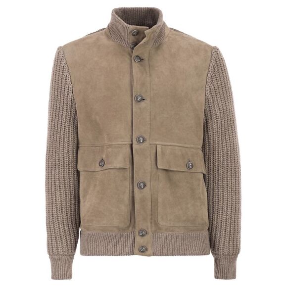 Brunello Cucinelli Men Suede Shearling Bomber Jacket With Cashmere Knit Details